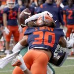 
              Illinois defensive back Sydney Brown causes Charlotte wide receiver Grant DuBose to fumble the ball during the first half of an NCAA college football game Saturday, Oct. 2, 2021, in Champaign, Ill. (AP Photo/Charles Rex Arbogast)
            