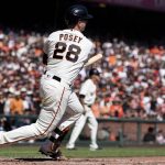 
              San Francisco Giants' Buster Posey hits a two-run single against the San Diego Padres in the third inning of a baseball game in San Francisco, Sunday, Oct. 3, 2021. (AP Photo/John Hefti)
            