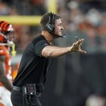 
              Cincinnati Bengals head coach Zac Taylor shouts during the first half of an NFL football game against the Jacksonville Jaguars, Thursday, Sept. 30, 2021, in Cincinnati. (AP Photo/Bryan Woolston)
            