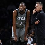 
              Brooklyn Nets forward Kevin Durant (7) talks to coach Steve Nash during the first half of the team's NBA basketball game against the Indiana Pacers, Friday, Oct. 29, 2021, in New York. (AP Photo/Mary Altaffer)
            
