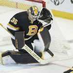 
              Boston Bruins goaltender Linus Ullmark (35) catches a shot during the third period of an NHL hockey game against the Buffalo Sabres, Friday, Oct. 22, 2021, in Buffalo, N.Y. (AP Photo/Joshua Bessex)
            