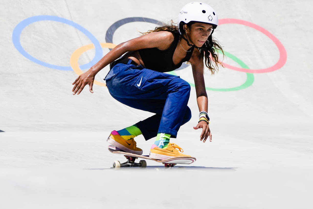 FILE - In this July 23, 2021 file photo, Brazil's Rayssa Leal trains during a street skateboarding ...