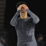 
              Nathan Chen reacts after performing during the men's short program at the Skate America figure skating event Friday, Oct. 22, 2021, in Las Vegas. (AP Photo/David Becker)
            