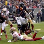 
              Chicago Bears wide receiver Jakeem Grant is upended by San Francisco 49ers' Trenton Cannon on Grant's kickoff return during the first half of an NFL football game Sunday, Oct. 31, 2021, in Chicago. (AP Photo/David Banks)
            