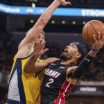 
              Miami Heat guard Gabe Vincent (2) shoots as Indiana Pacers forward Domantas Sabonis (11) defends during the first half of an NBA basketball game in Indianapolis, Saturday, Oct. 23, 2021. (AP Photo/Doug McSchooler)
            