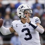 
              BYU quarterback Jaren Hall (3) throws a pass during the first half of an NCAA college football game against Washington State, Saturday, Oct. 23, 2021, in Pullman, Wash. (AP Photo/Young Kwak)
            