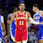 
              Atlanta Hawks' Trae Young reacts after a foul call during the first half of an NBA basketball game against the Philadelphia 76ers, Saturday, Oct. 30, 2021, in Philadelphia. (AP Photo/Matt Slocum)
            