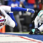 
              during the second half of an NFL football Buffalo Bills wide receiver Stefon Diggs (14) drops into the end zone for a touchdown against Miami Dolphins cornerback Xavien Howard (25) during the second half of an NFL football game, Sunday, Oct. 31, 2021, in Orchard Park, N.Y. (AP Photo/Adrian Kraus)
            