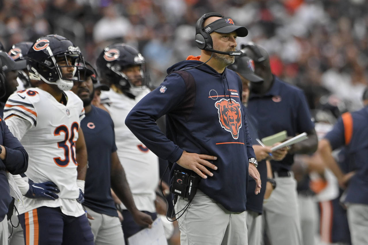 Chicago Bears head coach Matt Nagy watches during the first half of an NFL football game against th...