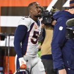 
              Denver Broncos outside linebacker Von Miller walks off the field after an injury during the first half of the team's NFL football game against the Cleveland Browns, Thursday, Oct. 21, 2021, in Cleveland. (AP Photo/David Richard)
            