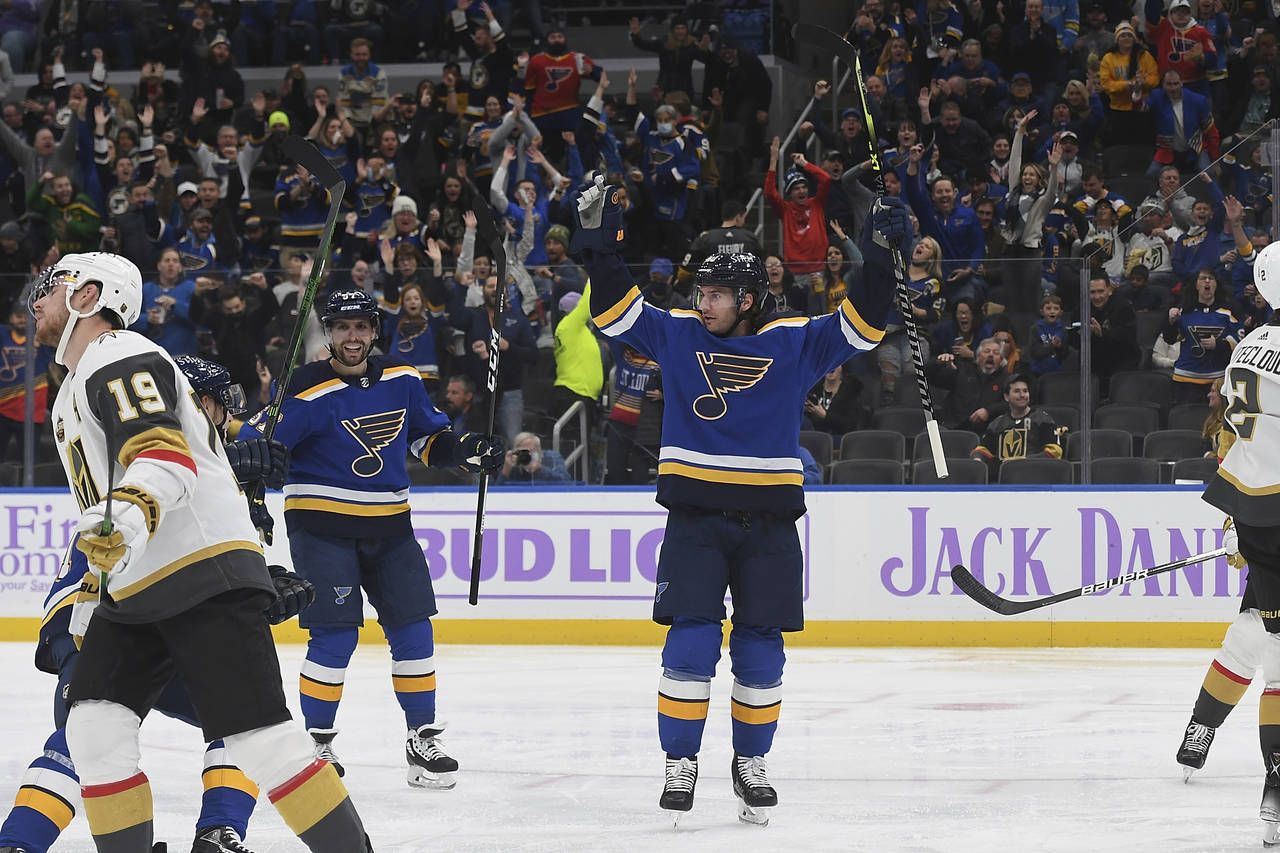 St. Louis Blues' Brandon Saad (20) celebrates after scoring a goal during the second period of the ...