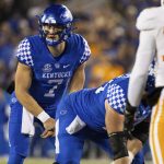 
              Kentucky quarterback Will Levis (7) surveys the defense during the first half of an NCAA college football game against Tennessee in Lexington, Ky., Saturday, Nov. 6, 2021. (AP Photo/Michael Clubb)
            