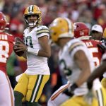 
              Green Bay Packers quarterback Jordan Love drops back to pass during the first half of an NFL football game against the Kansas City Chiefs Sunday, Nov. 7, 2021, in Kansas City, Mo. (AP Photo/Charlie Riedel)
            