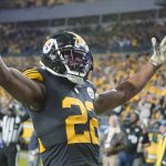 
              Pittsburgh Steelers running back Najee Harris (22) celebrates after scoring a touchdown against the Chicago Bears in the first half of an NFL football game, Monday, Nov. 8, 2021, in Pittsburgh. (AP Photo/Gene J. Puskar)
            