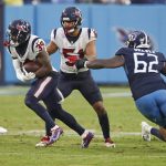 
              Houston Texans cornerback Terrance Mitchell (39) intercepts a pass against the Tennessee Titans in the fourth quarter of an NFL football game Sunday, Nov. 21, 2021, in Nashville, Tenn. (AP Photo/Wade Payne)
            