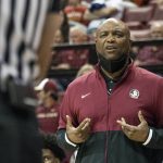 
              Florida State head coach Leonard Hamilton disagrees with the referee in the first half of an NCAA college basketball game against Pennsylvania in Tallahassee, Fla., Wednesday, Nov. 10, 2021. (AP Photo/Mark Wallheiser)
            