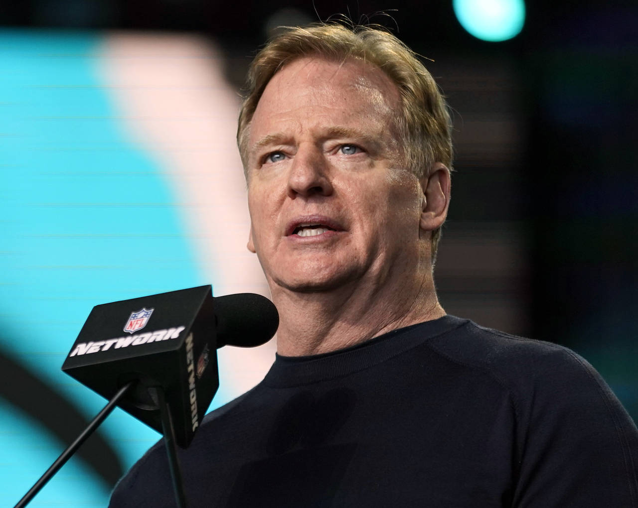 FILE - In this May 1, 2021, file photo, NFL Commissioner Roger Goodell announces the start of the f...