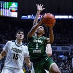 
              Wright State guard Trey Calvin (1) shoots in front of Purdue center Zach Edey (15) during the first half of an NCAA college basketball game in West Lafayette, Ind., Tuesday, Nov. 16, 2021. (AP Photo/Michael Conroy)
            