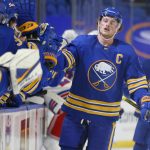 
              FILE - Buffalo Sabres forward Jack Eichel (9) celebrates his goal during the first period of an NHL hockey game against the New York Rangers, Thursday, Jan. 28, 2021, in Buffalo, N.Y. The Jack Eichel era in Buffalo is over, with a nasty public divorce reaching an eight-month finality on Thursday, Nov. 4, 2021. when the Sabres traded their ex-captain and face of the franchise to the Vegas Golden Knights. (AP Photo/Jeffrey T. Barnes, File)
            