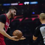 
              Portland Trail Blazers center Jusuf Nurkic (27) disputes a call during the first half of an NBA basketball game against the Los Angeles Clippers in Los Angeles, Tuesday, Nov. 9, 2021. (AP Photo/Ashley Landis)
            
