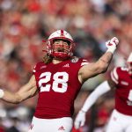 
              Nebraska's Luke Reimer (28) celebrates after breaking up an Ohio State pass to force a turnover on downs during the first half of an NCAA college football game Saturday, Nov. 6, 2021, at Memorial Stadium in Lincoln, Neb. (AP Photo/Rebecca S. Gratz)
            
