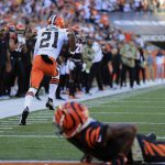 
              Cleveland Browns' Denzel Ward (21) returns an interception for a touchdown during the first half of an NFL football game against the Cincinnati Bengals, Sunday, Nov. 7, 2021, in Cincinnati. (AP Photo/Aaron Doster)
            