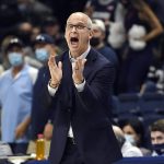 
              Connecticut head coach Dan Hurley reacts in the first half of an NCAA college basketball game against Central Connecticut State, Tuesday, Nov. 9, 2021, in Storrs, Conn. (AP Photo/Jessica Hill)
            
