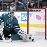 
              San Jose Sharks goaltender James Reimer blocks a shot by the Buffalo Sabres during the second period of an NHL hockey game Tuesday, Nov. 2, 2021, in San Jose, Calif. (AP Photo/Tony Avelar)
            