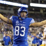 
              Kentucky tight end Justin Rigg (83) celebrates scoring a touchdown during the first half of an NCAA college football game against Tennessee in Lexington, Ky., Saturday, Nov. 6, 2021. (AP Photo/Michael Clubb)
            