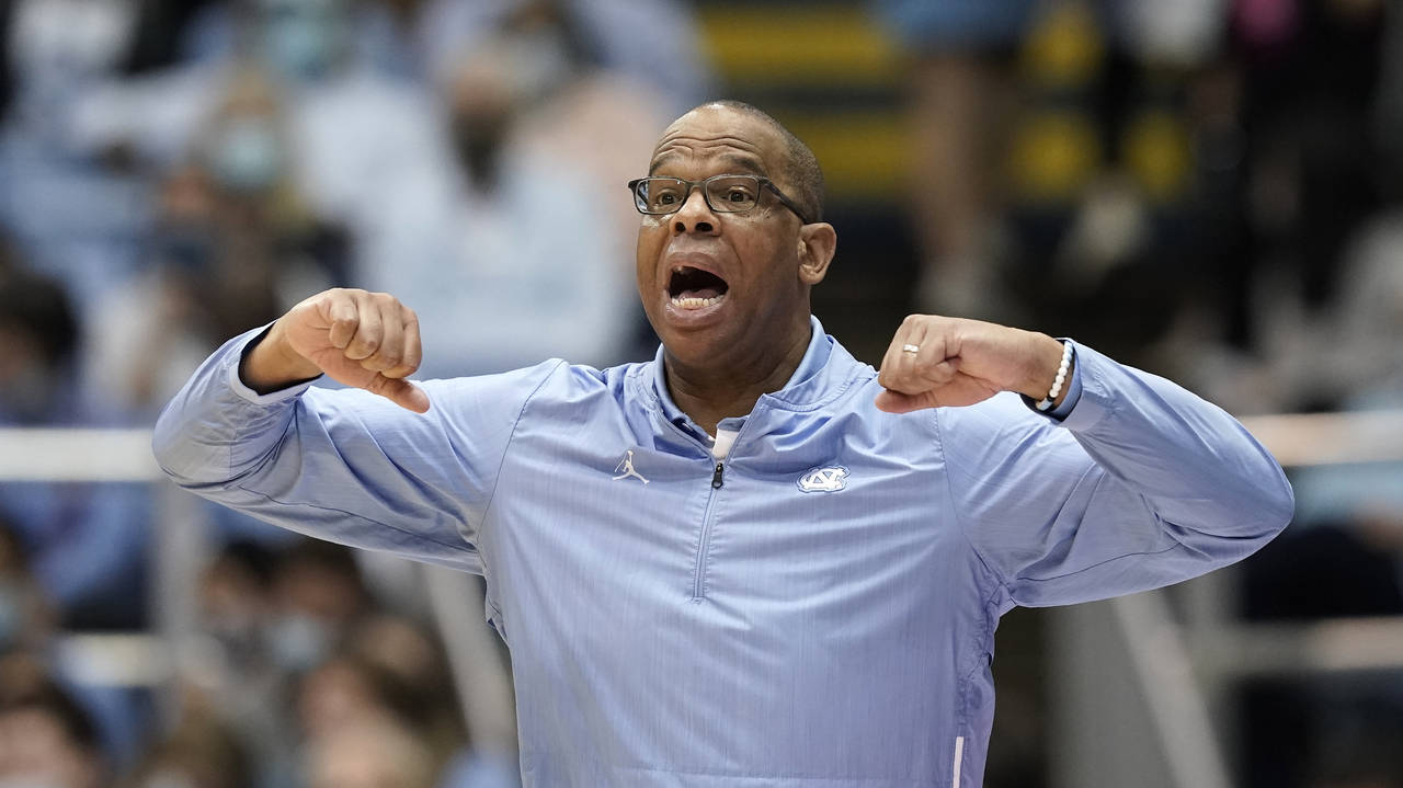 North Carolina head coach Hubert Davis reacts during the second half of an NCAA college basketball ...