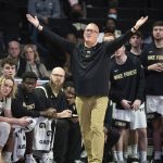 
              Wake Forest head coach Steve Forbes reacts against Northwestern in the first half of an NCAA college basketball game on Tuesday, Nov. 30, 2021, at the Joel Coliseum in Winston-Salem, N.C. (Allison Lee Isley/The Winston-Salem Journal via AP)
            