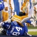 
              Kentucky wide receiver Izayah Cummings (84) is tackled into the end zone during the second half of the team's NCAA college football game against Tennessee in Lexington, Ky., Saturday, Nov. 6, 2021. (AP Photo/Michael Clubb)
            