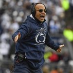 
              Penn State coach James Franklin reacts during the team's NCAA college football game against Rutgers in State College, Pa., Saturday, Nov. 20, 2021. Penn State won 28-0. (AP Photo/Barry Reeger)
            
