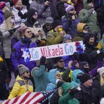 
              Fans cheer for the United State's Mikaela Shiffrin during a women's World Cup slalom ski race Sunday, Nov. 28, 2021, Killington, Vt. (AP Photo/Robert F. Bukaty)
            
