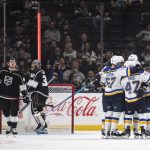 
              St. Louis Blues celebrate a goal by center Brayden Schenn (10) during the second period of an NHL hockey game against the Los Angeles Kings on Wednesday, Nov. 3, 2021, in Los Angeles. (AP Photo/Kyusung Gong)
            