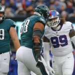 
              New York Giants' Leonard Williams, right, reacts during the first half of an NFL football game against the Philadelphia Eagles, Sunday, Nov. 28, 2021, in East Rutherford, N.J. (AP Photo/John Munson)
            