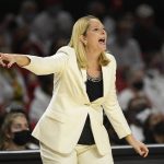 
              Maryland head coach Brenda Frese points during the first half of an NCAA college basketball game against Baylor, Sunday, Nov. 21, 2021, in College Park, Md. (AP Photo/Nick Wass)
            
