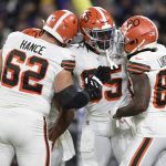 
              Cleveland Browns tight end David Njoku, center right, is congratulated by offensive tackle Blake Hance (62), running back Nick Chubb (24) and wide receiver Jarvis Landry (80) after Njoku caught a touchdown pass against the Baltimore Ravens during the second half of an NFL football game, Sunday, Nov. 28, 2021, in Baltimore. (AP Photo/Gail Burton)
            