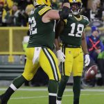 
              Green Bay Packers' Randall Cobb reacts after his touchdown catch during the first half of an NFL football game against the Los Angeles Rams Sunday, Nov. 28, 2021, in Green Bay, Wis. (AP Photo/Aaron Gash)
            