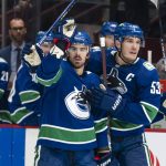 
              Vancouver Canucks' Conor Garland, left, celebrates with Bo Horvat after scoring a goal against the Winnipeg Jets during the second period of an NHL hockey game Friday, Nov. 19, 2021, in Vancouver, British Columbia. (Rich Lam/The Canadian Press via AP)
            