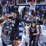 
              Gonzaga guard Rasir Bolton (45) celebrates a 3-point basket against UCLA during the first half of an NCAA college basketball game Tuesday, Nov. 23, 2021, in Las Vegas. (AP Photo/L.E. Baskow)
            