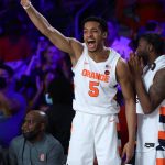 
              In a photo provided by Bahamas Visual Services, Syracuse center Frank Anselem (5) celebrates during the team's NCAA college basketball game against Arizona State at Paradise Island, Bahamas, Thursday, Nov. 25, 2021. (Tim Aylen/Bahamas Visual Services via AP)
            