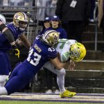 
              Oregon running back Travis Dye, right, is tackled by Washington linebacker Jackson Sirmon (43) in the end zone for a safety during the first half of an NCAA college football game, Saturday, Nov. 6, 2021, in Seattle. (AP Photo/Stephen Brashear)
            