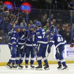 
              Tampa Bay Lightning's Mathieu Joseph (7) celebrates his goal against the New York Islanders with Steven Stamkos, Alex Killorn, Victor Hedman and Jan Rutta during the first period of an NHL hockey game Monday, Nov. 15, 2021, in Tampa, Fla. (AP Photo/Mike Carlson)
            