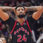 
              Toronto Raptors center Khem Birch (24) reacts after his team's loss to the Cleveland Cavaliers in NBA basketball game action in Toronto, Friday, Nov. 5, 2021. (Evan Buhler/The Canadian Press via AP)
            