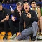 
              Oregon head coach Dana Altman reacts after a call in the first half during an NCAA college basketball game against Houston at the Maui Invitational in Las Vegas, Wednesday, Nov. 24, 2021. (AP Photo/Rick Scuteri)
            