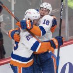 
              New York Islanders' Brock Nelson (29) celebrates with Anthony Beauvillier (18) after scoring against the Montreal Canadiens during the second period of an NHL hockey game Thursday, Nov. 4, 2021, in Montreal. (Ryan Remiorz/The Canadian Press via AP)
            