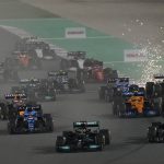 
              Mercedes driver Lewis Hamilton of Britain leads at the start of the Qatar Formula One Grand Prix. In Lusail, Qatar, Sunday, Nov. 21, 2021. (AP Photo/Darko Bandic)
            