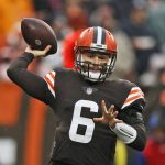 
              Cleveland Browns quarterback Baker Mayfield throws during the first half of an NFL football game against the Detroit Lions, Sunday, Nov. 21, 2021, in Cleveland. (AP Photo/Ron Schwane)
            