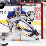 
              St. Louis Blues goaltender Joel Hofer catches the puck during the first period of the team's NHL hockey game against the San Jose Sharks on Thursday, Nov. 4, 2021, in San Jose, Calif. (AP Photo/Josie Lepe)
            